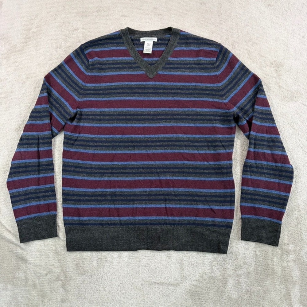 GAP 100% Italian Merino Wool Sweater Men Medium Stripe Quiet Luxury Old Money